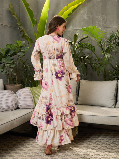 Women Off-White Floral V-Neck Flared Maxi Dress