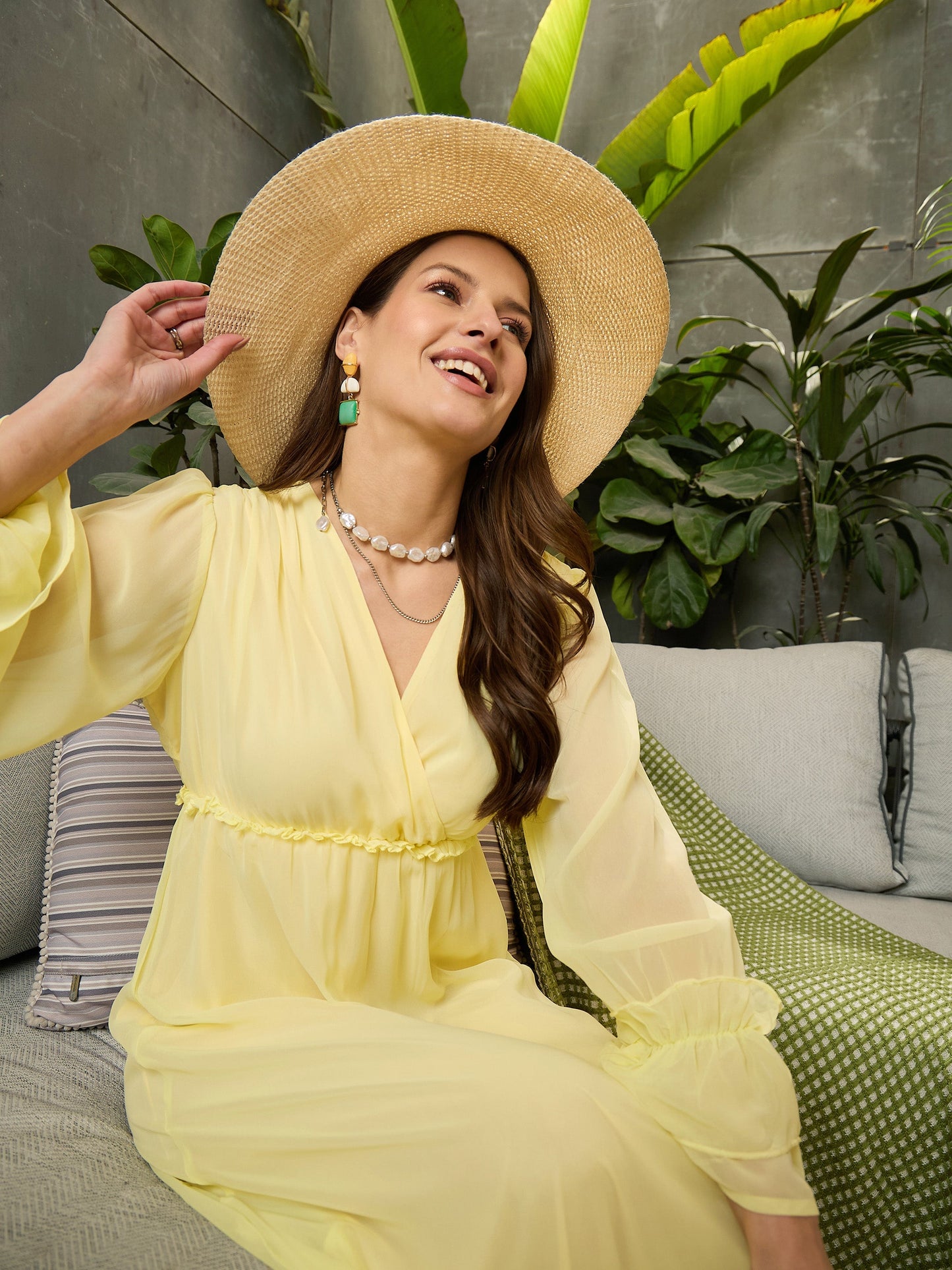 Women Yellow V-Neck Flared Maxi Dress