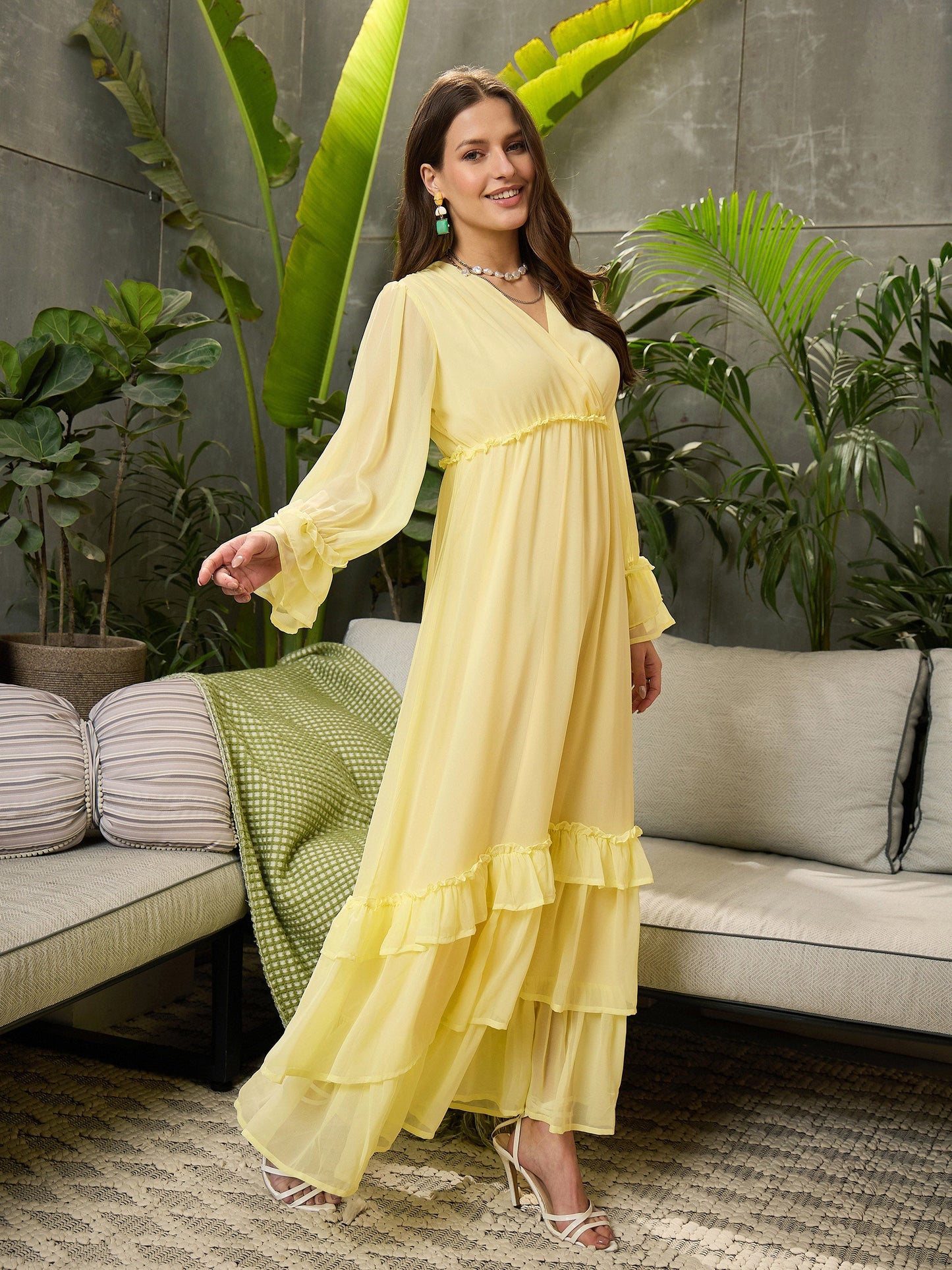Women Yellow V-Neck Flared Maxi Dress