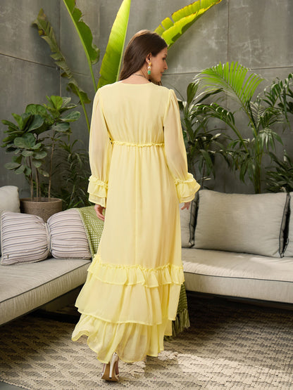 Women Yellow V-Neck Flared Maxi Dress