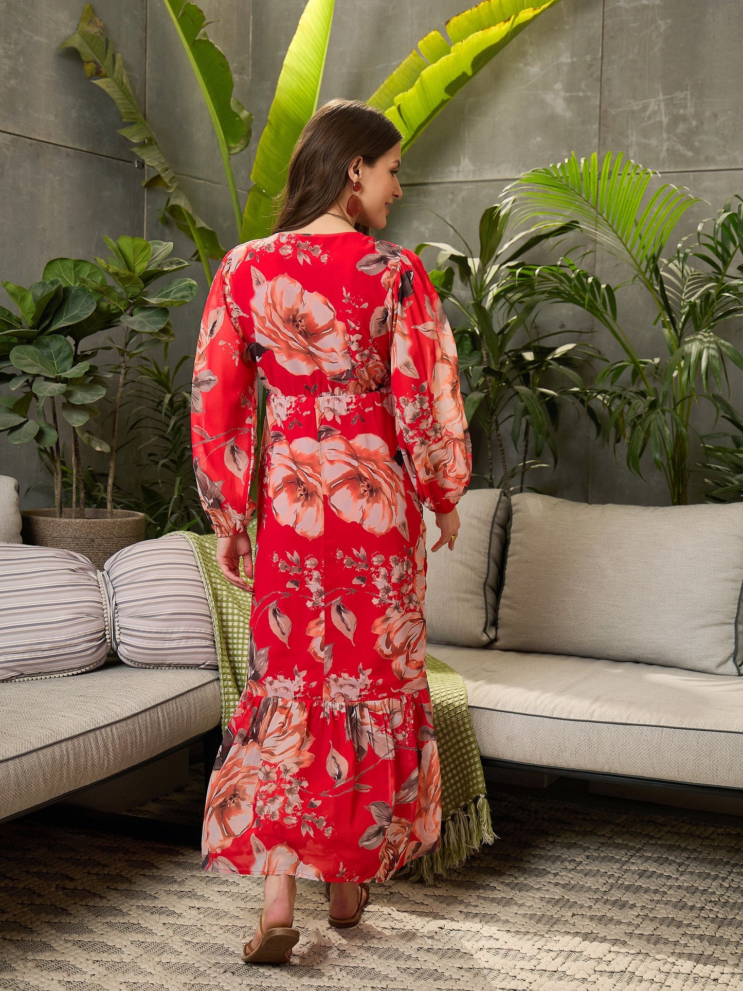 Women Red Floral Cowl Maxi Dress