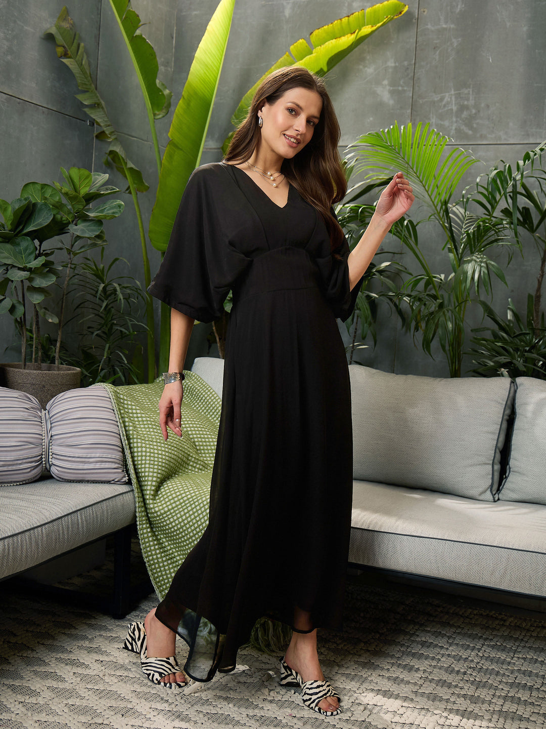Women Black Kimono Sleeve Maxi Dress