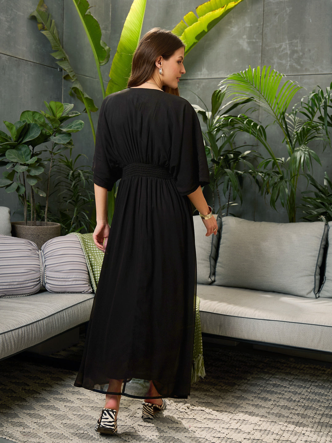 Women Black Kimono Sleeve Maxi Dress
