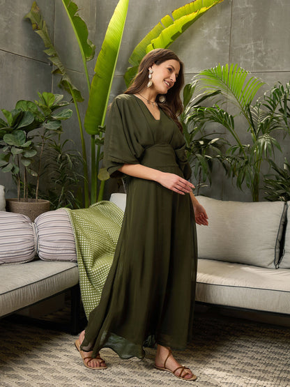 Women Olive Kimono Sleeve Maxi Dress