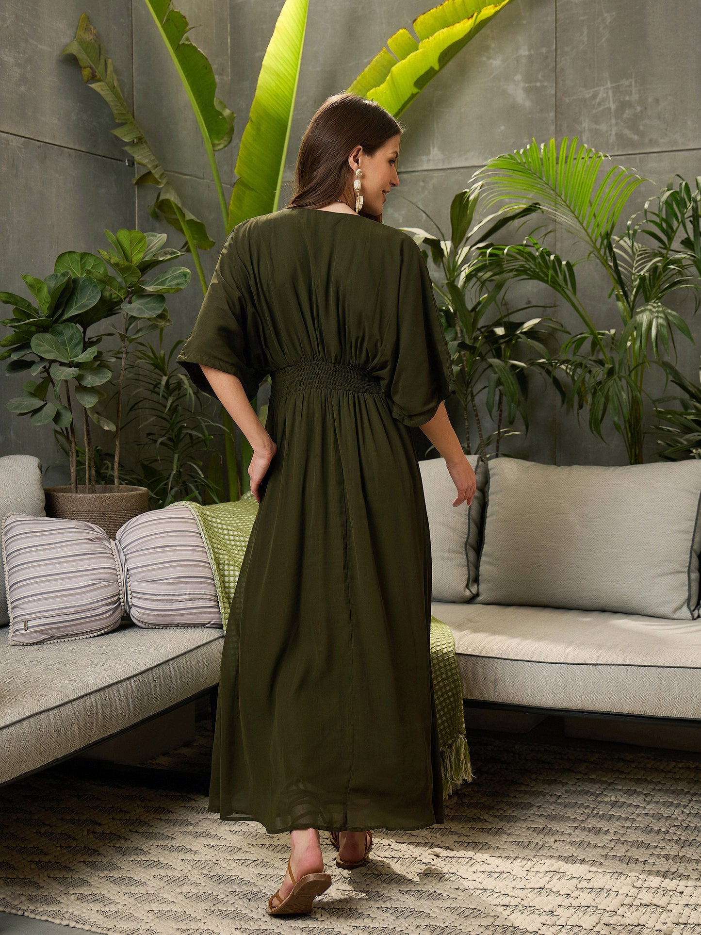 Women Olive Kimono Sleeve Maxi Dress