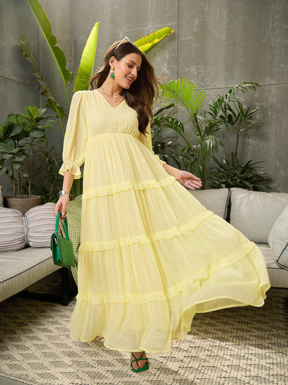 Women Yellow V-neck Tiered Maxi Dress