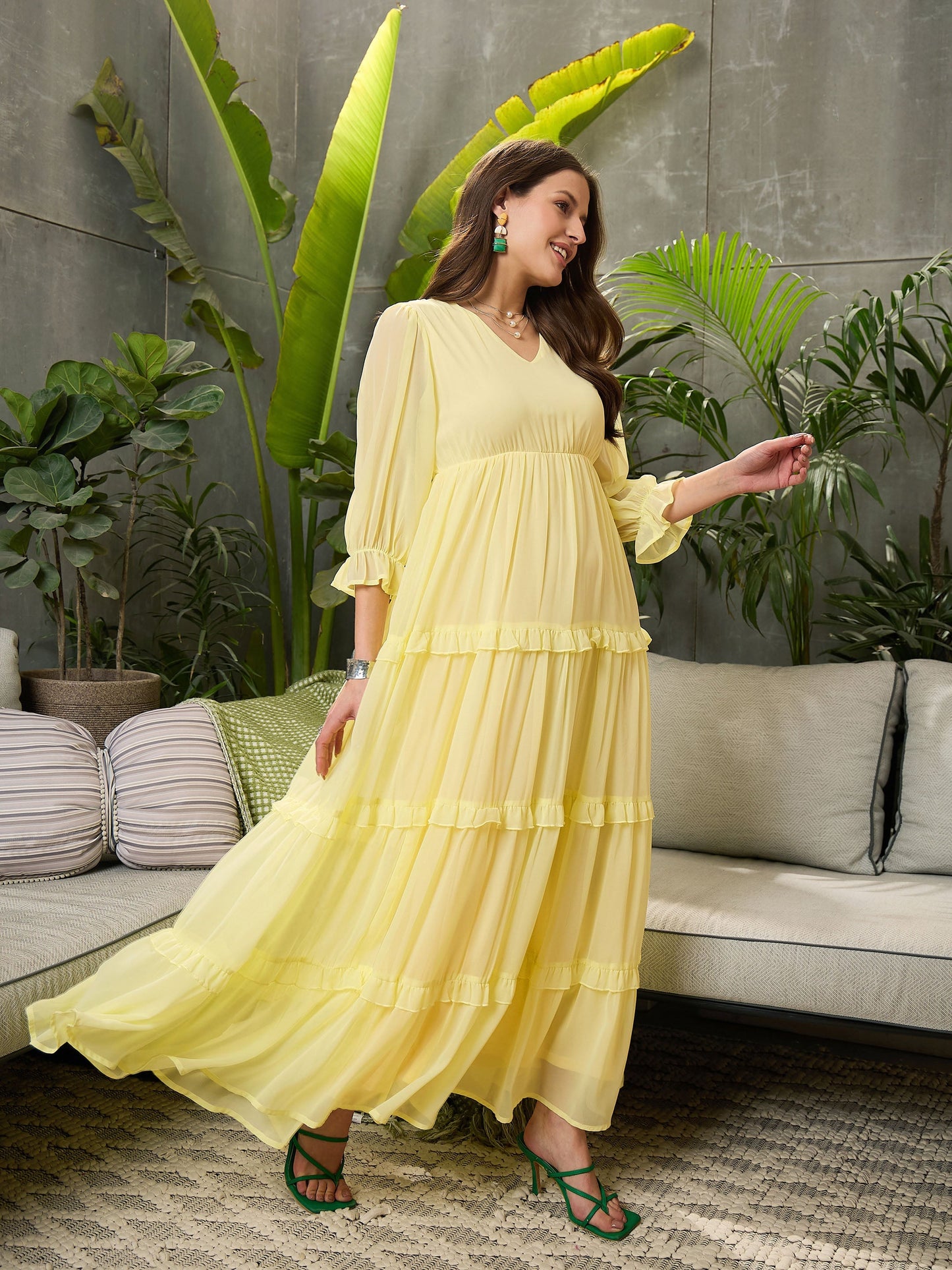 Women Yellow V-neck Tiered Maxi Dress