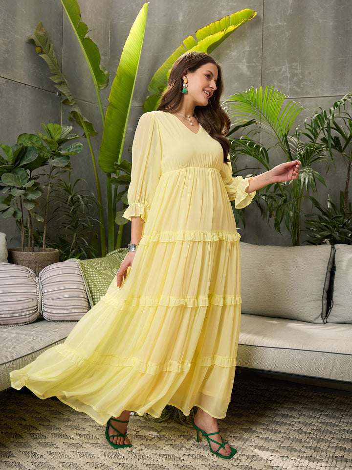 Women Yellow V-neck Tiered Maxi Dress