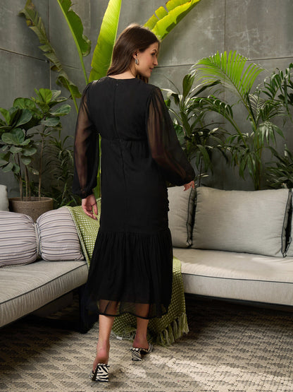 Black Front Ruched Detail Midi Dress