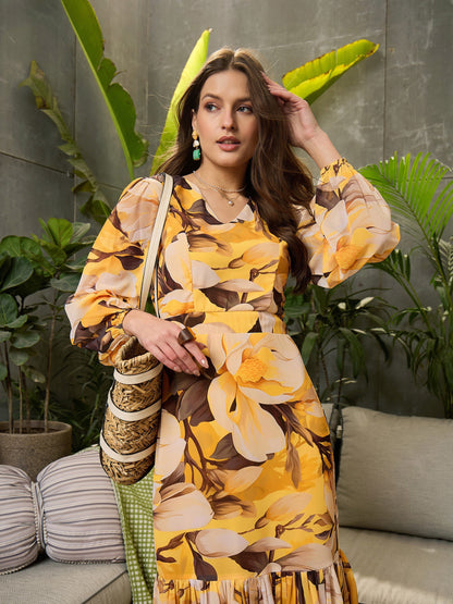 Women Yellow Floral Balloon Sleeve Midi Dress