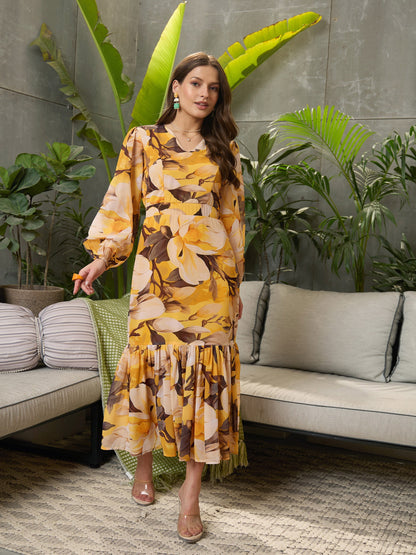 Women Yellow Floral Balloon Sleeve Midi Dress