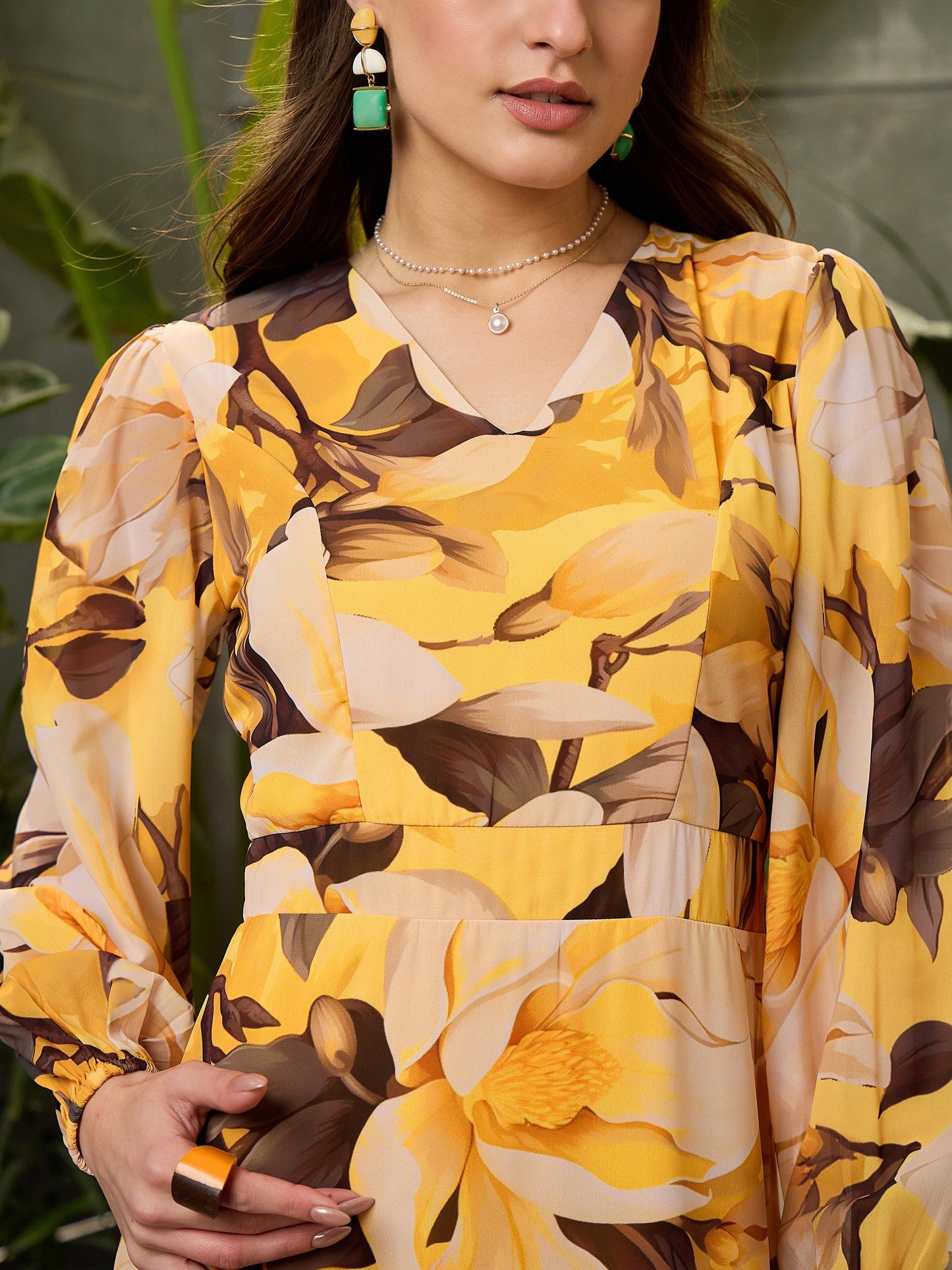 Women Yellow Floral Balloon Sleeve Midi Dress