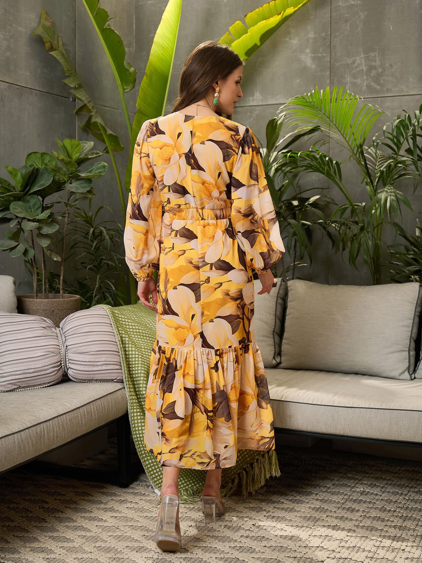 Women Yellow Floral Balloon Sleeve Midi Dress