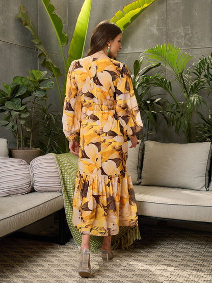 Women Yellow Floral Balloon Sleeve Midi Dress