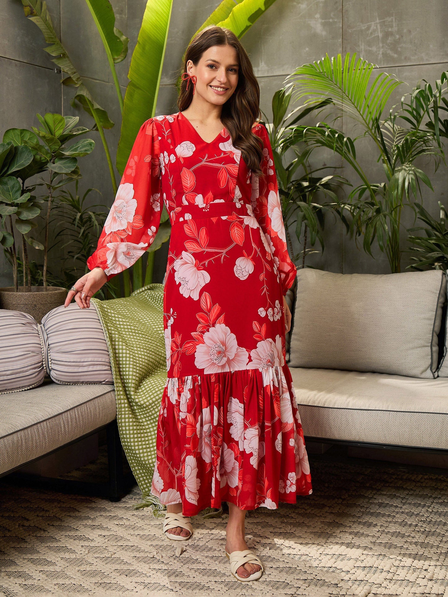 Women Red Floral Balloon Sleeve Midi Dress