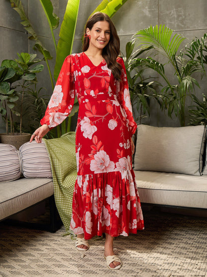 Women Red Floral Balloon Sleeve Midi Dress