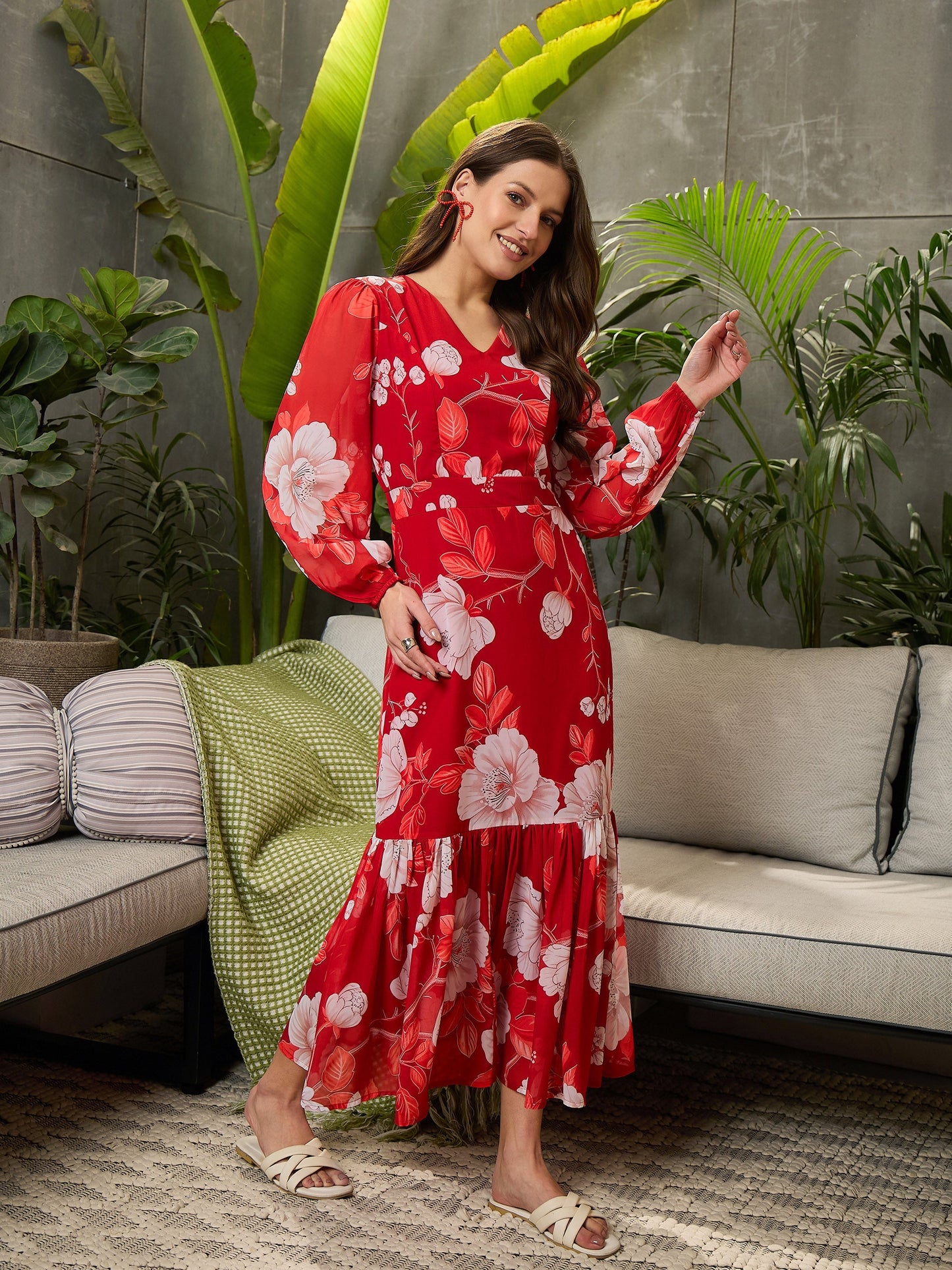 Women Red Floral Balloon Sleeve Midi Dress