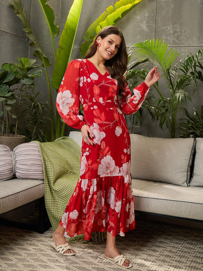 Women Red Floral Balloon Sleeve Midi Dress