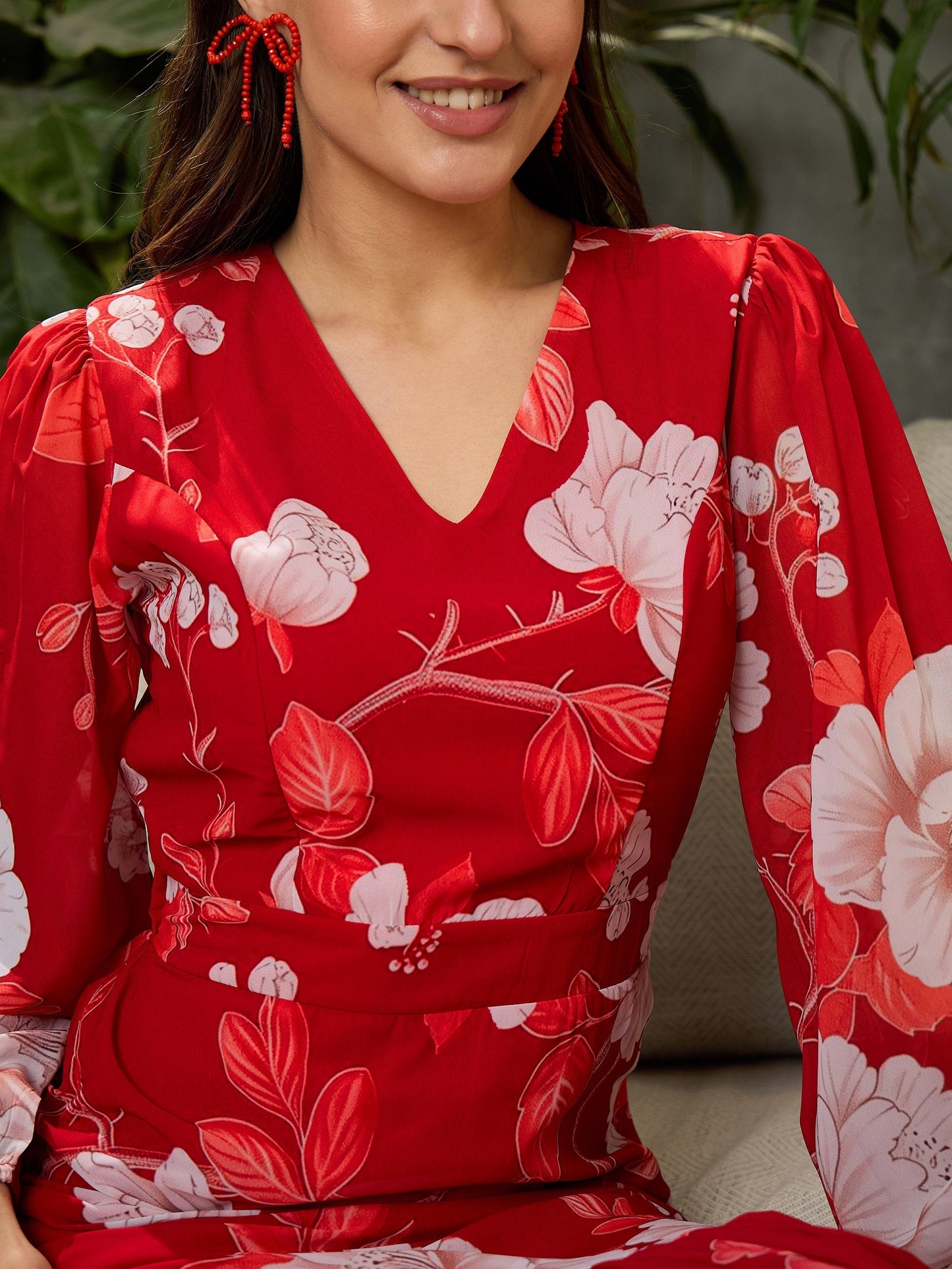 Women Red Floral Balloon Sleeve Midi Dress