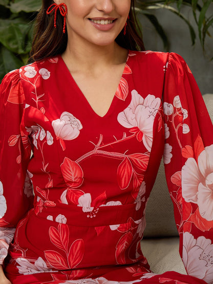 Women Red Floral Balloon Sleeve Midi Dress