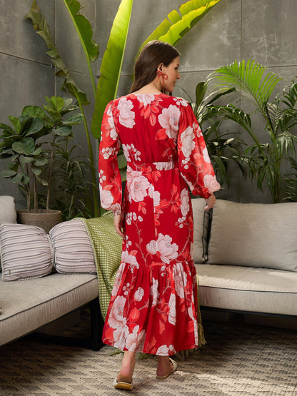 Women Red Floral Balloon Sleeve Midi Dress
