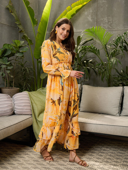 Women Yellow Floral Wrap V-Neck Maxi Dress