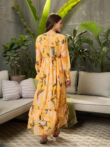 Women Yellow Floral Wrap V-Neck Maxi Dress
