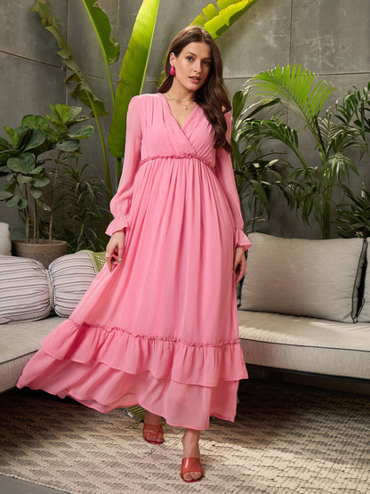 Pink Wrap V-Neck Maxi Dress