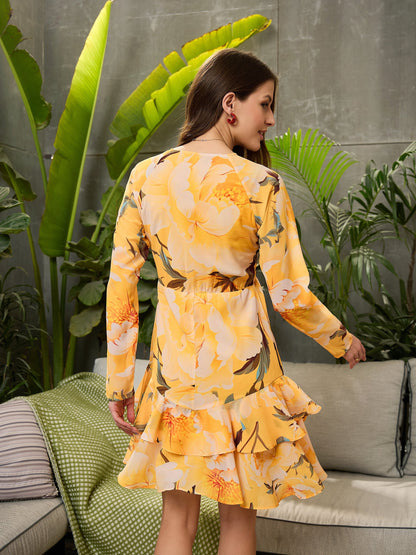 Yellow Floral Frill Hem Short Dress