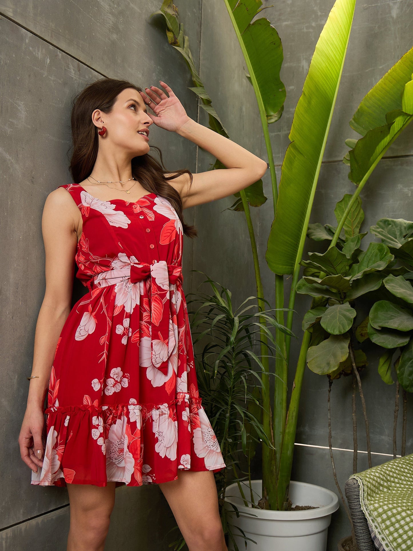 Women Red Floral Strappy Short Dress