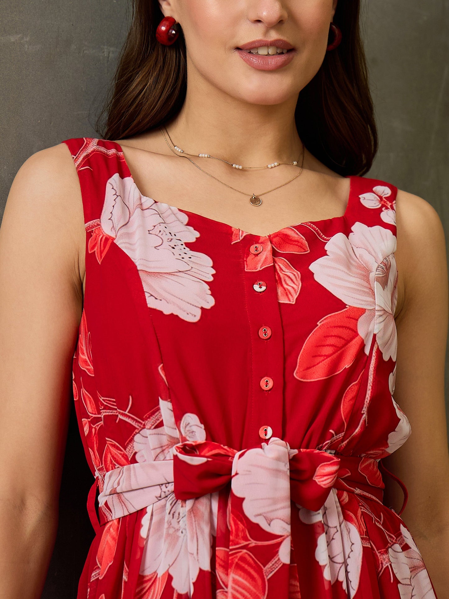 Women Red Floral Strappy Short Dress