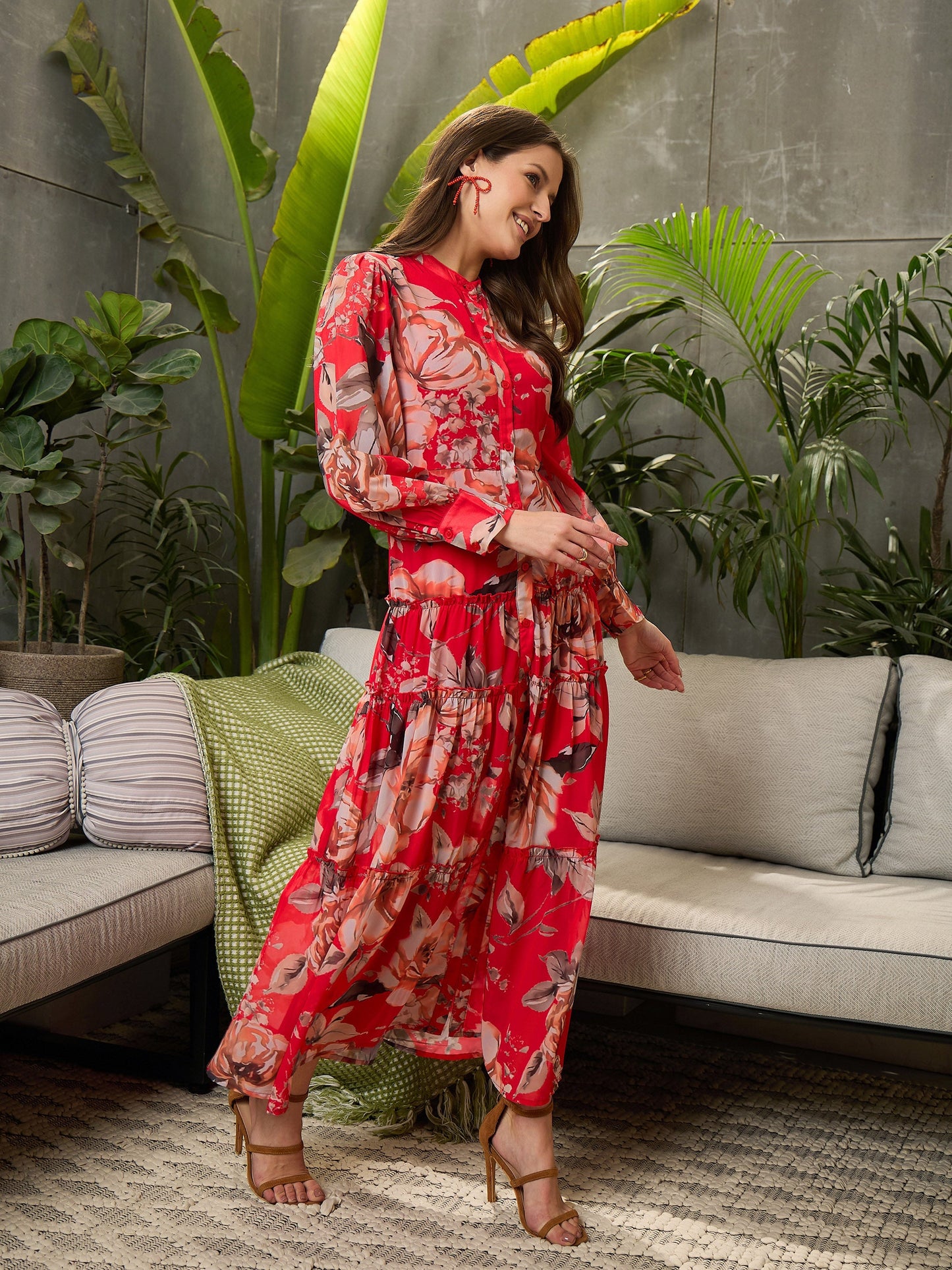 Women Red Floral Front Button Placket Maxi Dress