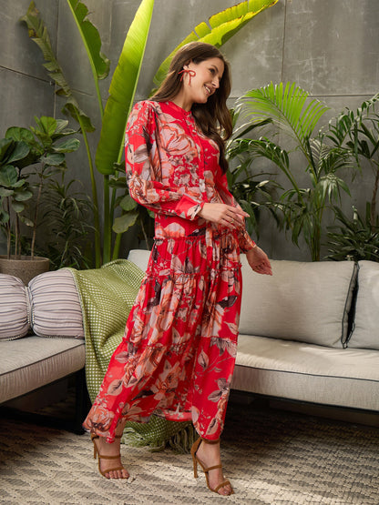 Women Red Floral Front Button Placket Maxi Dress