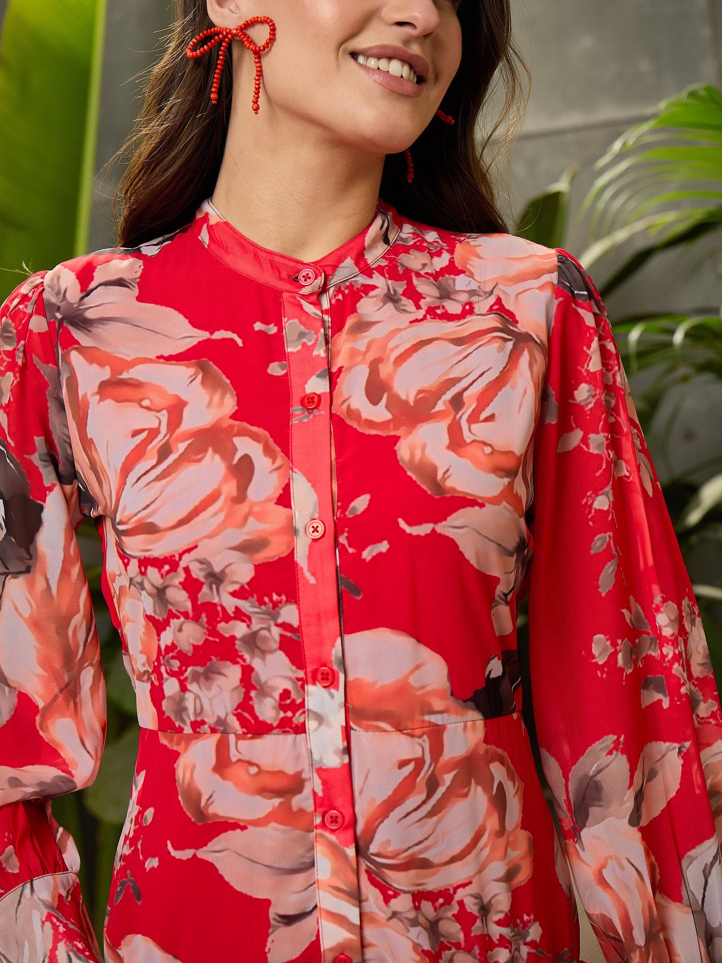 Women Red Floral Front Button Placket Maxi Dress