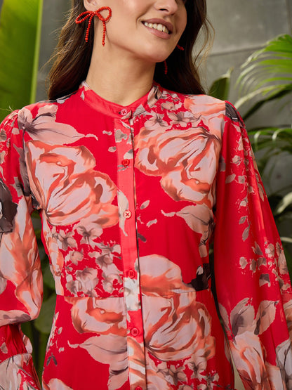 Women Red Floral Front Button Placket Maxi Dress