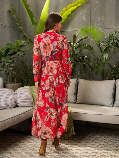 Women Red Floral Front Button Placket Maxi Dress