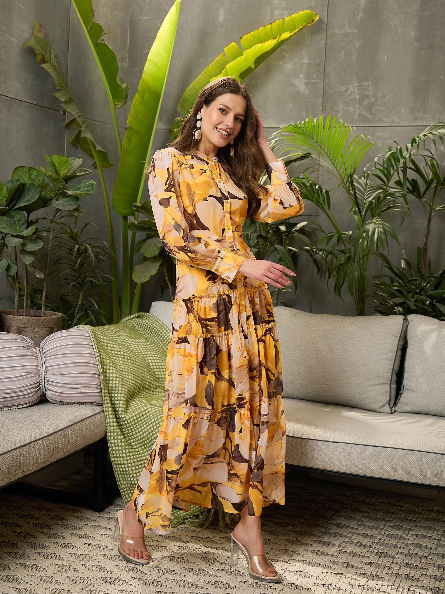 Women Yellow Floral Front Button Placket Maxi Dress