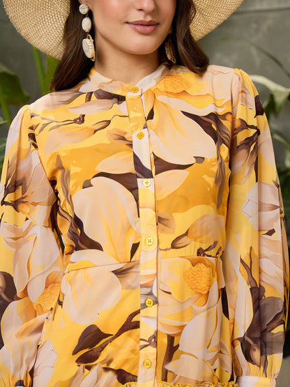 Women Yellow Floral Front Button Placket Maxi Dress