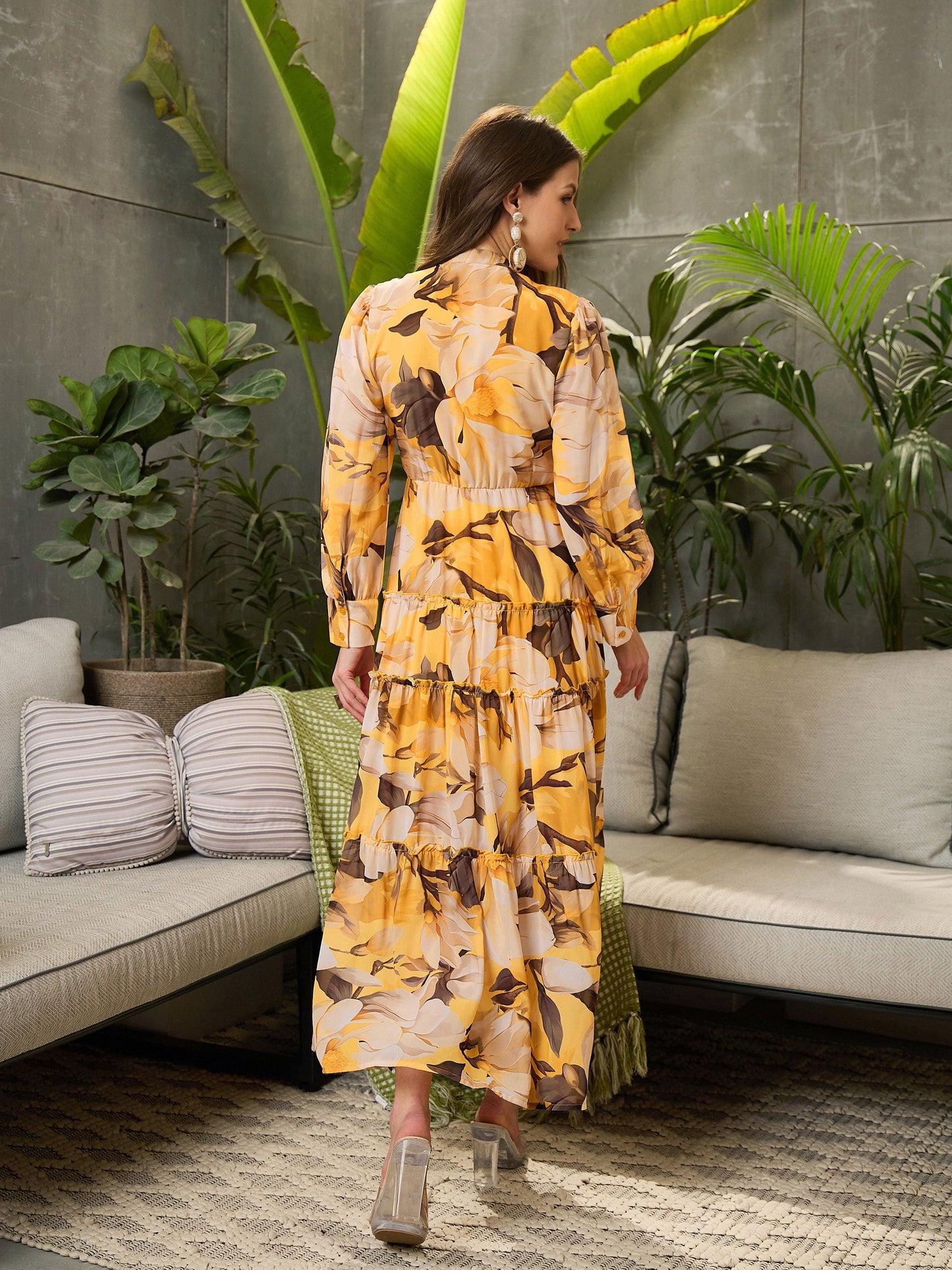 Women Yellow Floral Front Button Placket Maxi Dress