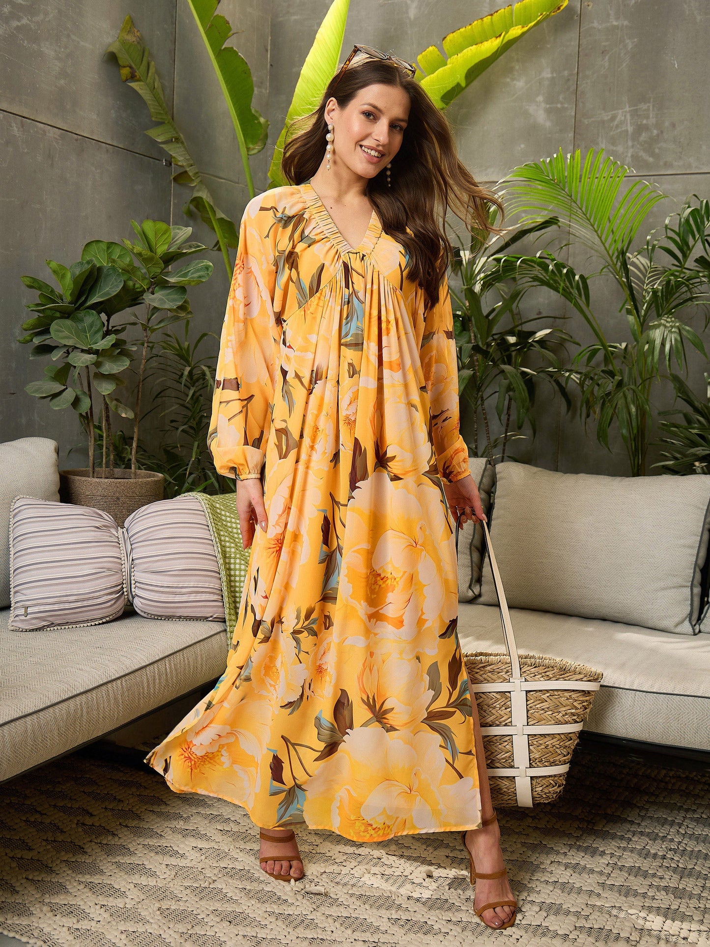 Yellow Floral Elasticated V-Neck Maxi Dress