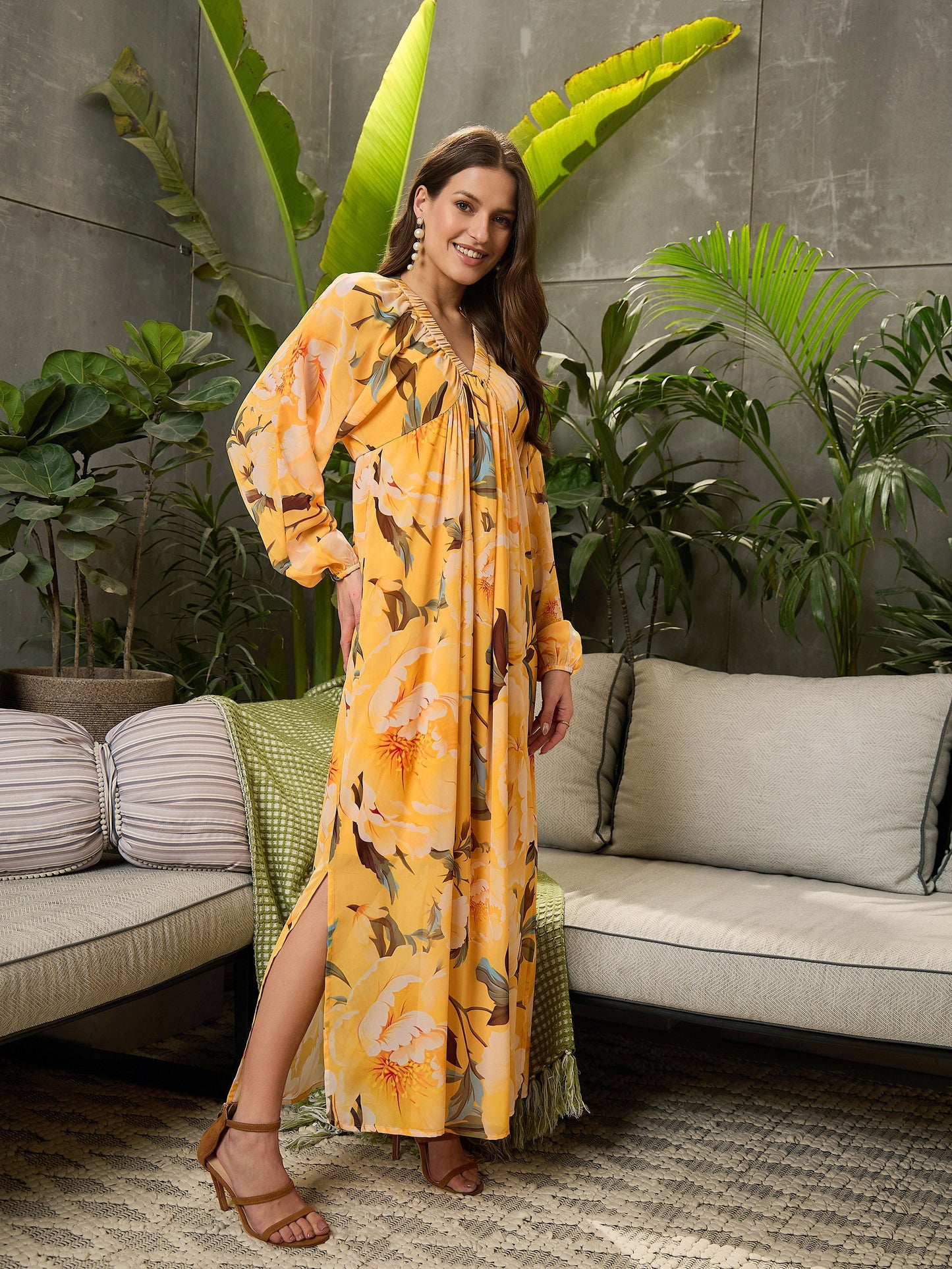 Yellow Floral Elasticated V-Neck Maxi Dress