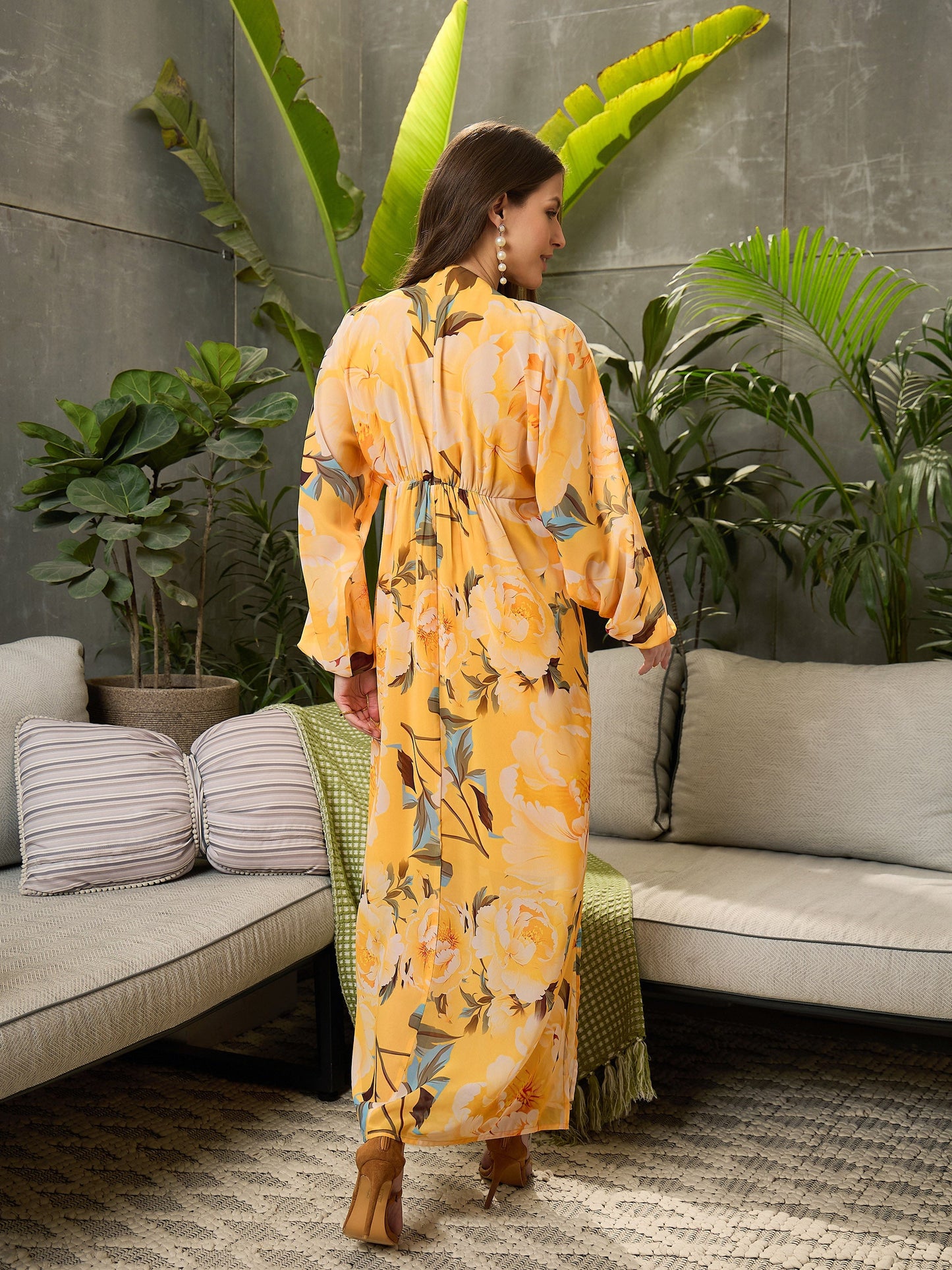 Yellow Floral Elasticated V-Neck Maxi Dress
