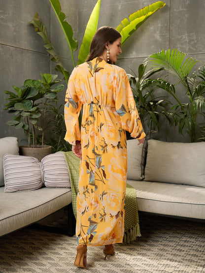 Yellow Floral Elasticated V-Neck Maxi Dress