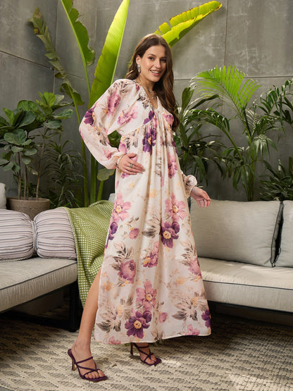 Women Off-White Floral Elasticated V-Neck Maxi Dress