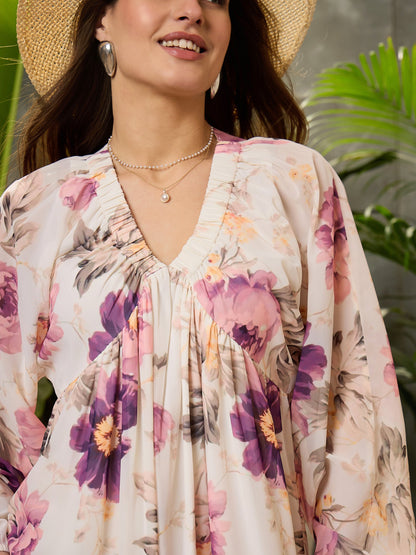 Women Off-White Floral Elasticated V-Neck Maxi Dress