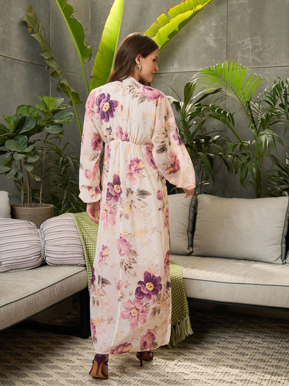 Women Off-White Floral Elasticated V-Neck Maxi Dress