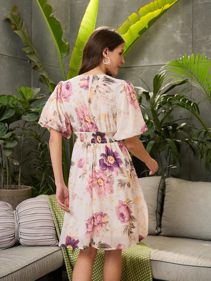 Women Off-White Floral Balloon Sleeve Short Dress