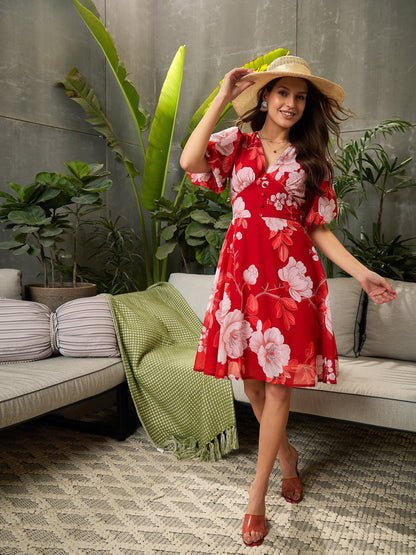 Women Red Floral Balloon Sleeve Short Dress