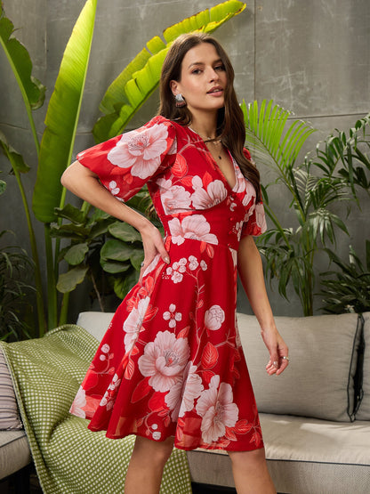 Women Red Floral Balloon Sleeve Short Dress