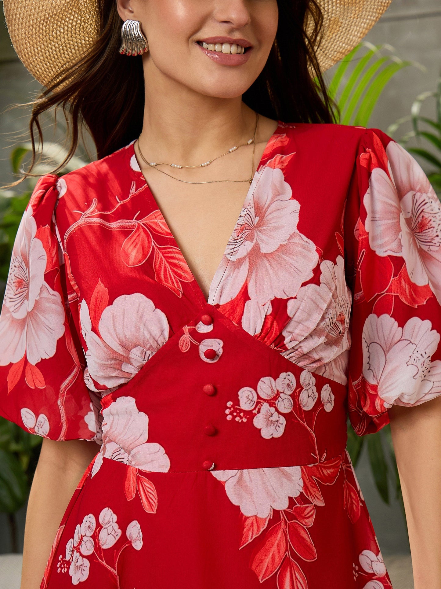 Women Red Floral Balloon Sleeve Short Dress